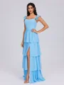 A-line Square Cascading Ruffles Floor-Length Chiffon Corset Bridesmaid Dress