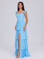 A-line Square Cascading Ruffles Floor-Length Chiffon Corset Bridesmaid Dress