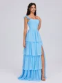 A-line Square Cascading Ruffles Floor-Length Chiffon Corset Bridesmaid Dress
