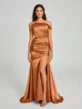 Sheath/Column Off-the-Shoulder Sweep/Brush Train Sleeveless Silk like Satin Bridesmaid Dress
