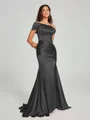 Sheath/Column Off-the-Shoulder Sweep/Brush Train Sleeveless Silk like Satin Bridesmaid Dress
