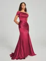 Sheath/Column Off-the-Shoulder Sweep/Brush Train Sleeveless Silk like Satin Bridesmaid Dress