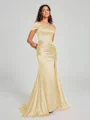Sheath/Column Off-the-Shoulder Sweep/Brush Train Sleeveless Silk like Satin Bridesmaid Dress