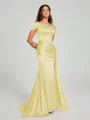 Sheath/Column Off-the-Shoulder Sweep/Brush Train Sleeveless Silk like Satin Bridesmaid Dress