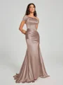 Sheath/Column Off-the-Shoulder Sweep/Brush Train Sleeveless Silk like Satin Bridesmaid Dress