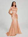 Sheath/Column Off-the-Shoulder Sweep/Brush Train Sleeveless Silk like Satin Bridesmaid Dress