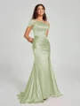Sheath/Column Off-the-Shoulder Sweep/Brush Train Sleeveless Silk like Satin Bridesmaid Dress