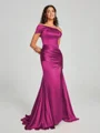 Sheath/Column Off-the-Shoulder Sweep/Brush Train Sleeveless Silk like Satin Bridesmaid Dress