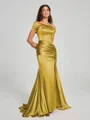 Sheath/Column Off-the-Shoulder Sweep/Brush Train Sleeveless Silk like Satin Bridesmaid Dress