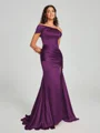 Sheath/Column Off-the-Shoulder Sweep/Brush Train Sleeveless Silk like Satin Bridesmaid Dress