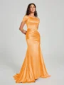 Sheath/Column Off-the-Shoulder Sweep/Brush Train Sleeveless Silk like Satin Bridesmaid Dress