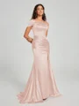 Sheath/Column Off-the-Shoulder Sweep/Brush Train Sleeveless Silk like Satin Bridesmaid Dress