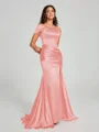 Sheath/Column Off-the-Shoulder Sweep/Brush Train Sleeveless Silk like Satin Bridesmaid Dress
