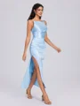 Sheath Halter Pleated Ankle-Length Silk Like Satin Bridesmaid Dress