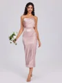 Sheath One-Shoulder Pleated Tea-Length Silk Like Satin Bridesmaid Dress