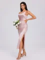 Sheath One-Shoulder Pleated Tea-Length Silk Like Satin Bridesmaid Dress