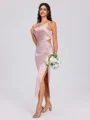 Sheath One-Shoulder Pleated Tea-Length Silk Like Satin Bridesmaid Dress