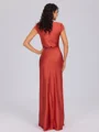 Sheath V-neck Short Sleeves Pleated Ankle-Length Silk Like Satin Bridesmaid Dress