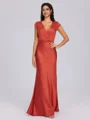 Sheath V-neck Short Sleeves Pleated Ankle-Length Silk Like Satin Bridesmaid Dress