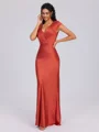Sheath V-neck Short Sleeves Pleated Ankle-Length Silk Like Satin Bridesmaid Dress