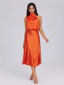 Sheath Halter Pleated Tea-Length Silk Like Satin Bridesmaid Dress