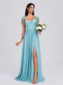 A-line Straps Pleated Floor-Length Chiffon Bridesmaid Dress