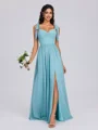 A-line Straps Pleated Floor-Length Chiffon Bridesmaid Dress