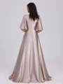 A-line V-neck 1/2 Sleeves Pleated Floor-Length Silk Like Satin Dress