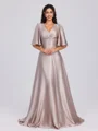 A-line V-neck 1/2 Sleeves Pleated Floor-Length Silk Like Satin Dress