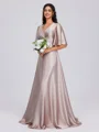 A-line V-neck 1/2 Sleeves Pleated Floor-Length Silk Like Satin Dress