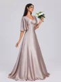 A-line V-neck 1/2 Sleeves Pleated Floor-Length Silk Like Satin Dress