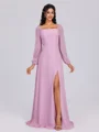 A-line Square Long Sleeves Bow Floor-Length Chiffon Bridesmaid Dress