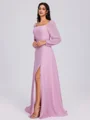A-line Square Long Sleeves Bow Floor-Length Chiffon Bridesmaid Dress