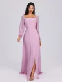 A-line Square Long Sleeves Bow Floor-Length Chiffon Bridesmaid Dress