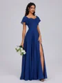 A-line Square Short Sleeves Pleated Floor-Length Chiffon Bridesmaid Dress
