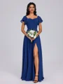 A-line Square Short Sleeves Pleated Floor-Length Chiffon Bridesmaid Dress