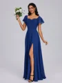 A-line Square Short Sleeves Pleated Floor-Length Chiffon Bridesmaid Dress