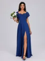 A-line Square Short Sleeves Pleated Floor-Length Chiffon Bridesmaid Dress