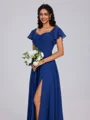 A-line Square Short Sleeves Pleated Floor-Length Chiffon Bridesmaid Dress