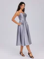 A-line Spaghetti Straps Pleated Tea-Length Satin Bridesmaid Dress