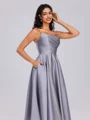A-line Spaghetti Straps Pleated Tea-Length Satin Bridesmaid Dress