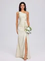 Sheath One-Shoulder Pleated Floor-Length Silk Like Satin Bridesmaid Dress