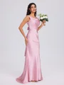 Sheath Cowl Bow Sweep Train Silk Like Satin Bridesmaid Dress