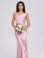 Sheath Cowl Bow Sweep Train Silk Like Satin Bridesmaid Dress