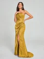 Sheath/Column One-Shoulder Sweep/Brush Train Sleeveless Silk Like Satin Bridesmaid Dress