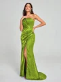 Sheath/Column One-Shoulder Sweep/Brush Train Sleeveless Silk Like Satin Bridesmaid Dress