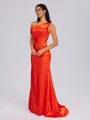 Sheath One-Shoulder Pleated Sweep Train Silk Like Satin Corset Bridesmaid Dress