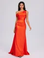 Sheath One-Shoulder Pleated Sweep Train Silk Like Satin Corset Bridesmaid Dress
