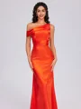 Sheath One-Shoulder Pleated Sweep Train Silk Like Satin Corset Bridesmaid Dress