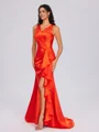 Sheath V-neck Pleated Sweep Train Silk Like Satin Bridesmaid Dress